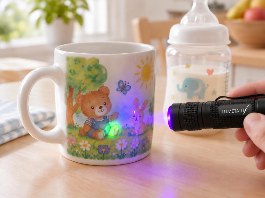 Barnmugg och nappflaska testas med UV-lampa, en fläck lyser grönt