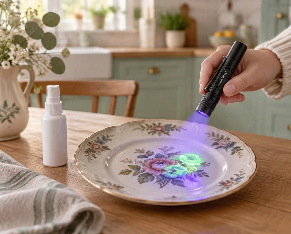 UV-lampa lyser på en gammal porslinstallrik där dekoren lyser grönt av bly